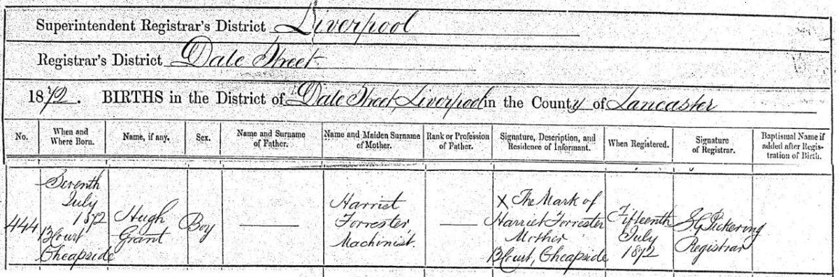 Birth certificate of HUGH_GRANT_FORRESTER 1872