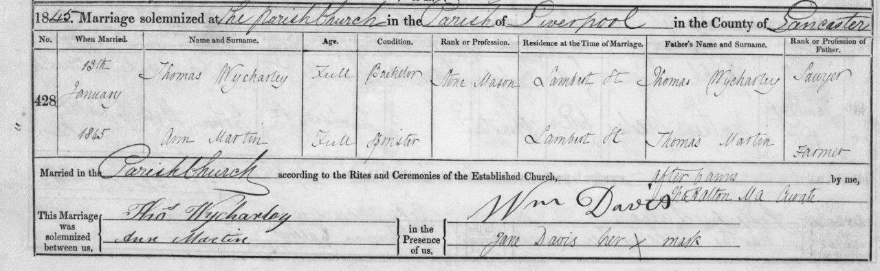 Ann Martin marries Thomas Wycherley 1845 in Liverpool