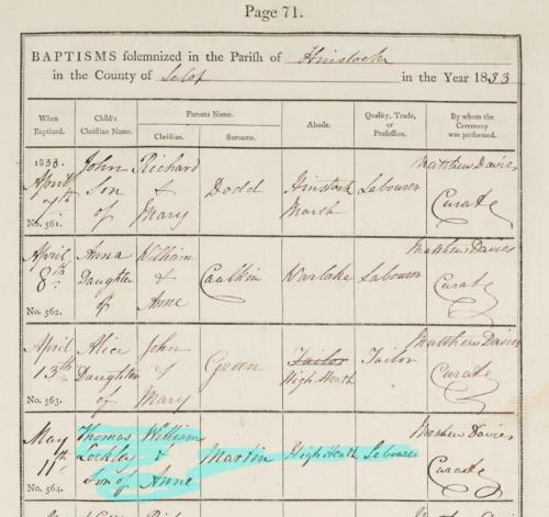 Lockley name continued -Baptism Thomas Lockley Martin 1833 Hinstock