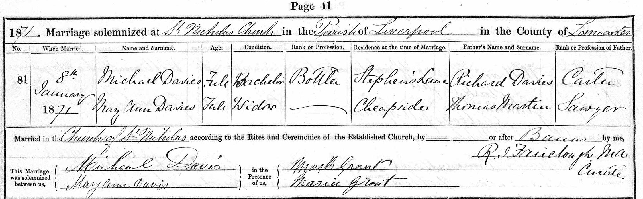 Mary Ann Forrester & Michael Davies marriage 1871