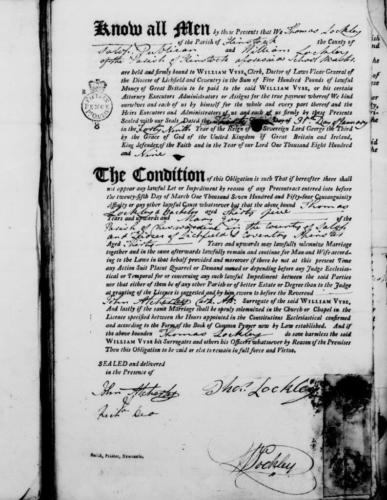 Registered license marriage Thomas Lockley & Mary Joy 1809
